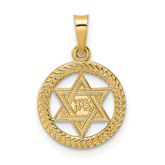 14K Yellow Gold Polished And Textured Solid Star Of David In Frame Pendant