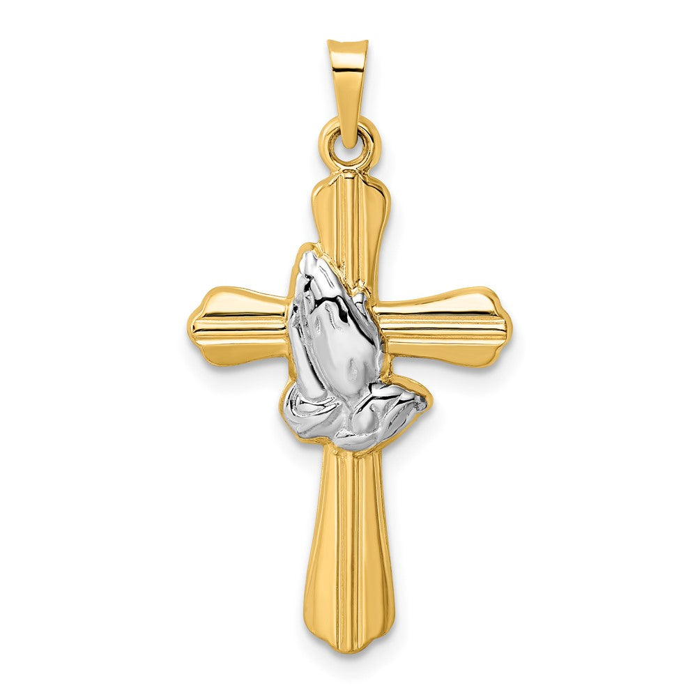 14K Yellow & Rhodium Polished Hollow Praying Hands Cross Pendant