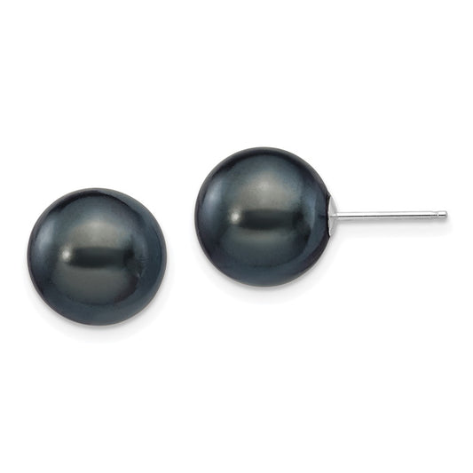 14K White Gold 10 11mm Black Round Freshwater Cultured Pearl Stud Post Earrings