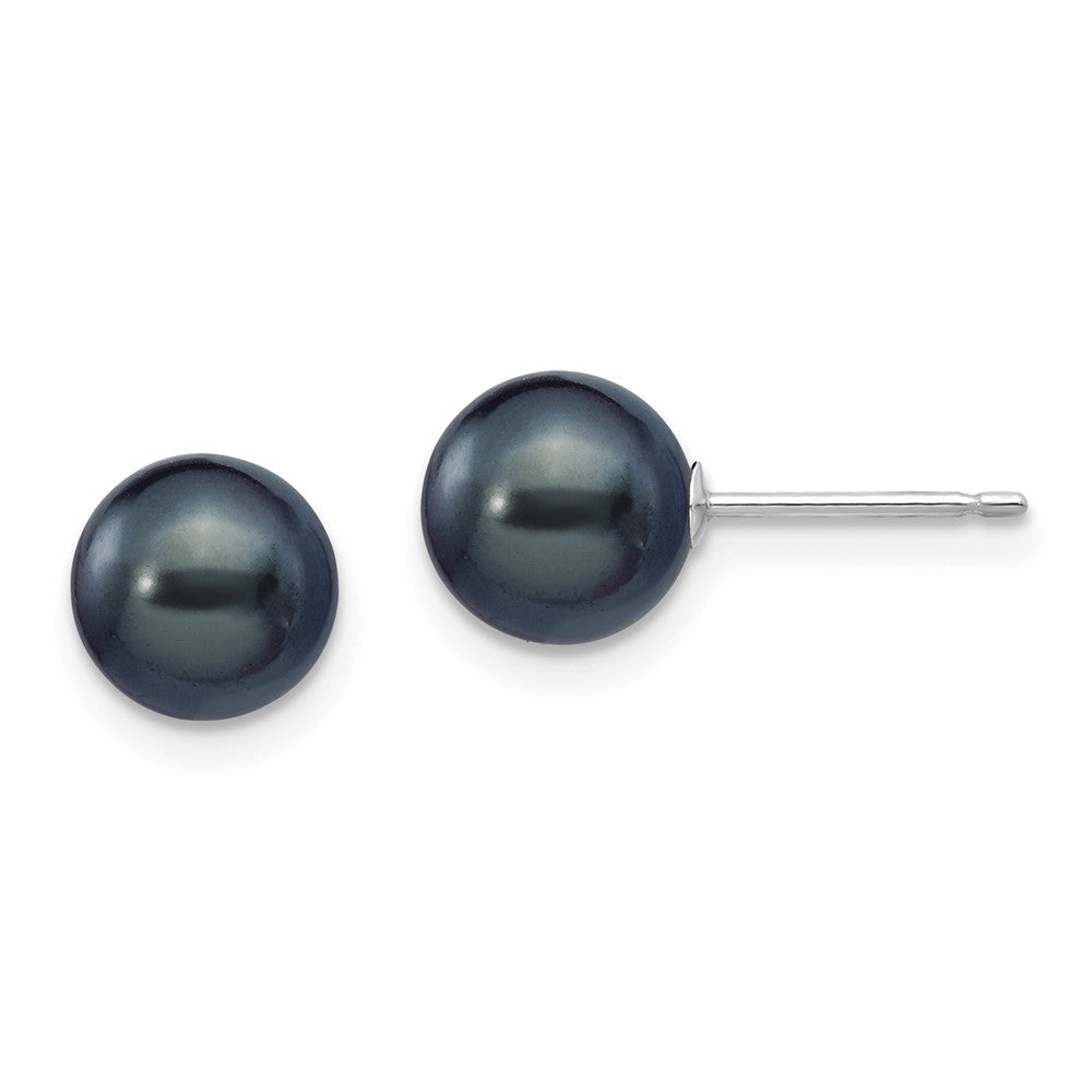14K White Gold 7 8mm Black Round Freshwater Cultured Pearl Stud Post Earrings