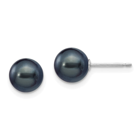14K White Gold 7 8mm Black Round Freshwater Cultured Pearl Stud Post Earrings