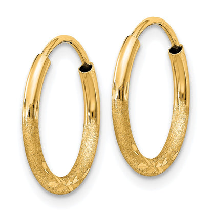 14K Yellow Gold 1.5mm Satin Diamond Cut Endless Hoop Earrings