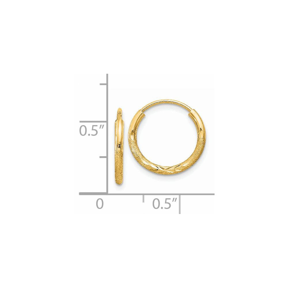 14K Yellow Gold 1.5mm Satin Diamond Cut Endless Hoop Earrings