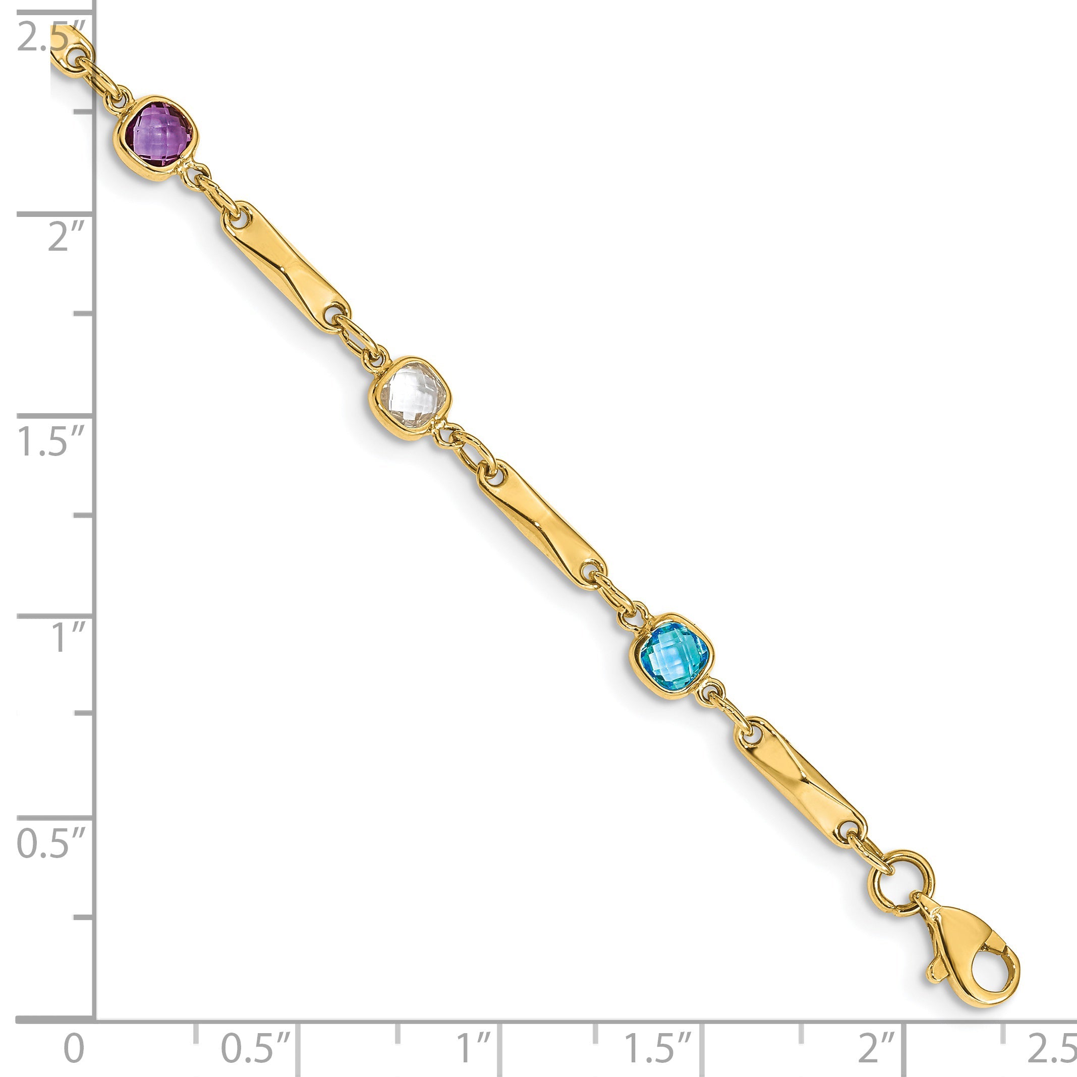 14K Yellow Gold Complete Cushion Cut Sky Blue Topaz/White Quartz/Smoky Quartz/Amethyst/Citrine Fancy Link 7 Inch Rainbow Bracelet