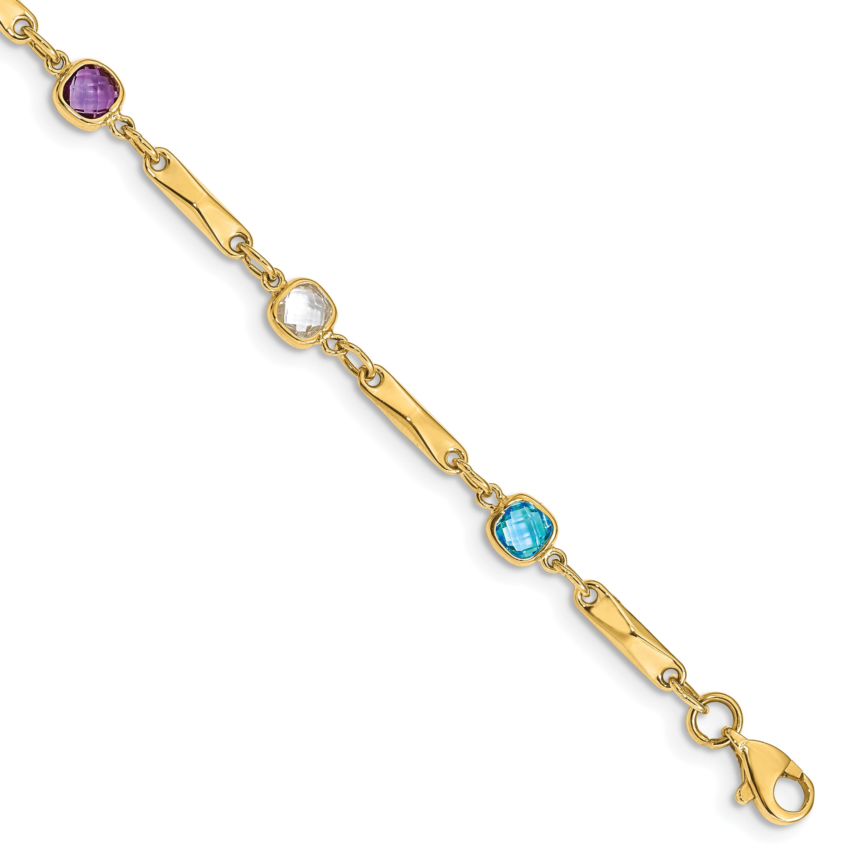 14K Yellow Gold Complete Cushion Cut Sky Blue Topaz/White Quartz/Smoky Quartz/Amethyst/Citrine Fancy Link 7 Inch Rainbow Bracelet