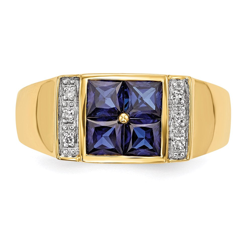 14K Gold w/ Created Sapphire & Real Diamond Men's Ring