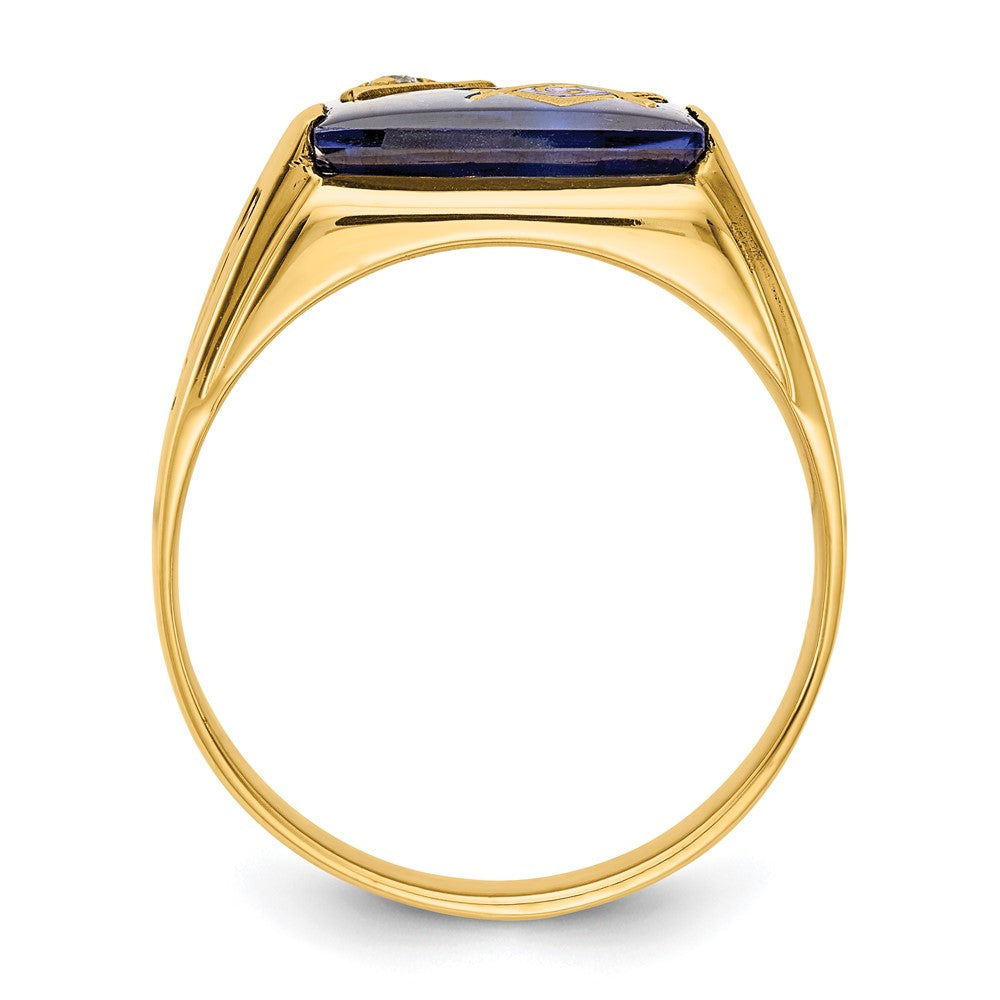 14K Yellow Gold Men'S Polished And Textured With Black Enamel, Imitation Blue Spinel Aaa Quality Diamond Masonic Ring