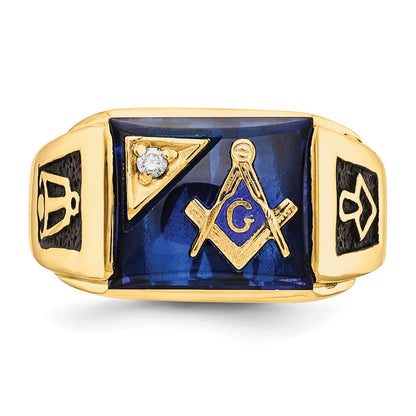 14K Yellow Gold Men'S Polished And Textured With Black Enamel, Imitation Blue Spinel Aaa Quality Diamond Masonic Ring