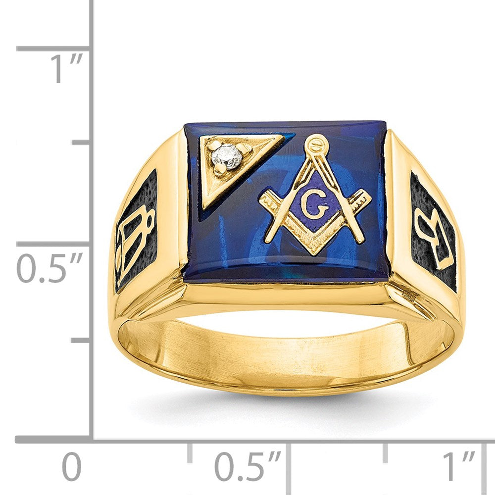 14K Yellow Gold Men'S Polished And Textured With Black Enamel, Imitation Blue Spinel Aaa Quality Diamond Masonic Ring