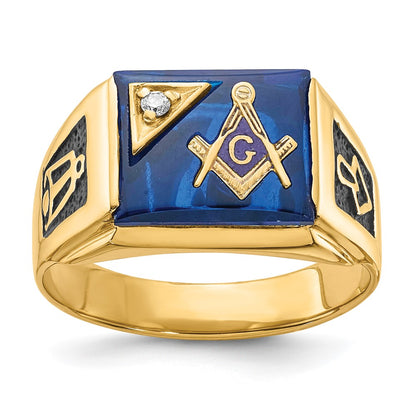 14K Yellow Gold Men'S Polished And Textured With Black Enamel, Imitation Blue Spinel Aaa Quality Diamond Masonic Ring