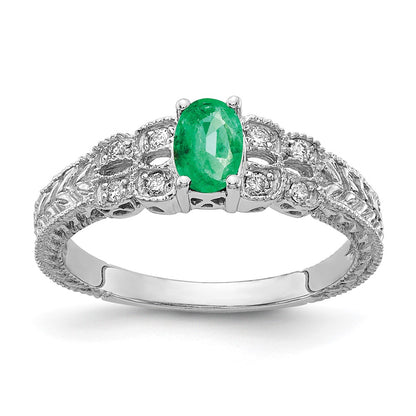 14K White Gold 6X4mm Oval Emerald Aa Diamond Ring