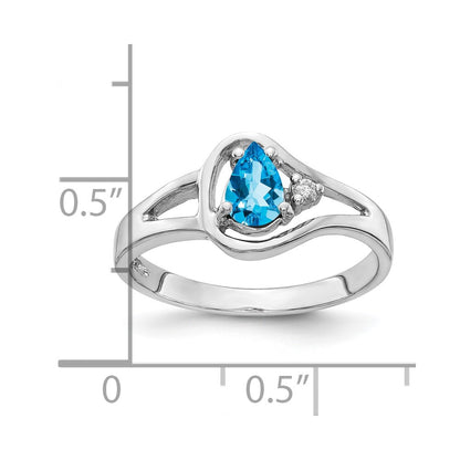 14K White Gold 6X4mm Pear Blue Topaz Aa Diamond Ring