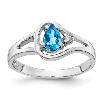 14K White Gold 6X4mm Pear Blue Topaz Aa Diamond Ring