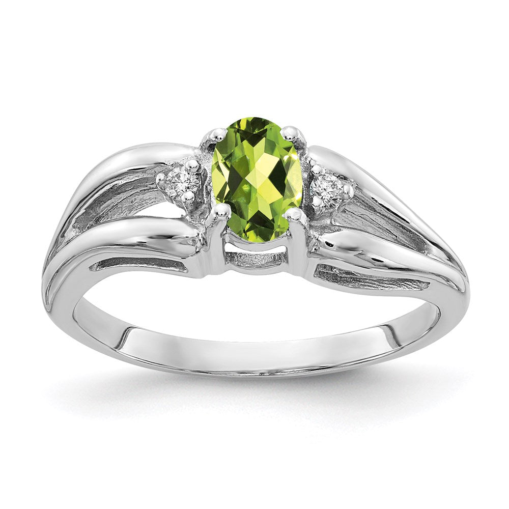 14k White Gold 6x4mm Oval Peridot Checker AAA Real Diamond ring