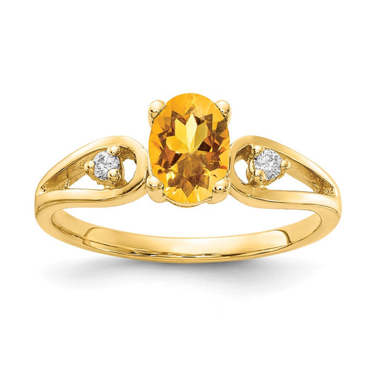 14K Yellow Gold 7X5mm Oval Citrine Aa Diamond Ring