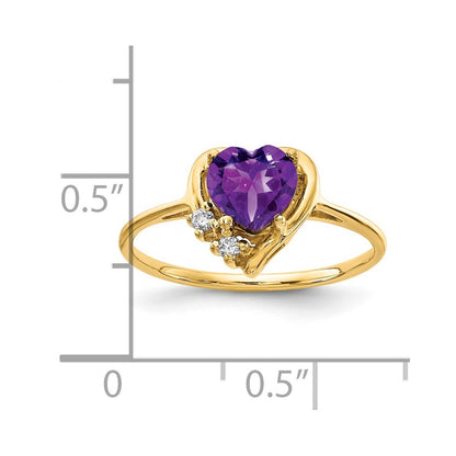 14K Yellow Gold 6mm Heart Amethyst Aa Diamond Ring
