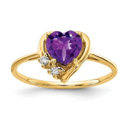 14K Yellow Gold 6mm Heart Amethyst Aa Diamond Ring