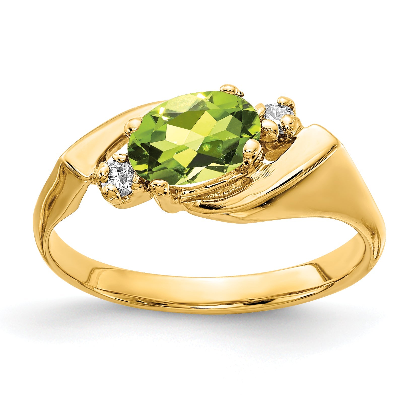 14K Yellow Gold 7X5mm Oval Peridot Checker Vs Diamond Ring