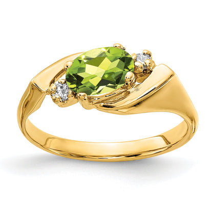 14K Yellow Gold 7X5mm Oval Peridot Checker Vs Diamond Ring