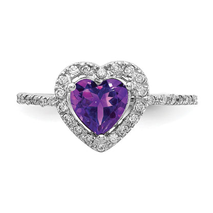 14K White Gold 6mm Heart Amethyst Aa Diamond Ring