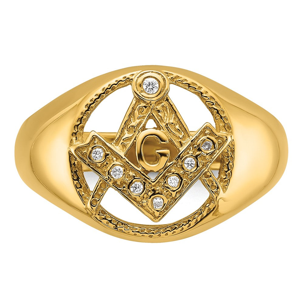 14K Yellow Gold Men'S Polished And Textured Vs Quality Diamond Masonic Ring