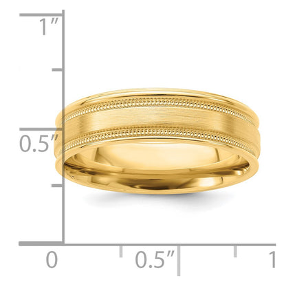 14K Yellow Gold 6mm Lightweight Comfort Fit Brushed Satin/Polished Milgrain Grooved Edge Wedding Band