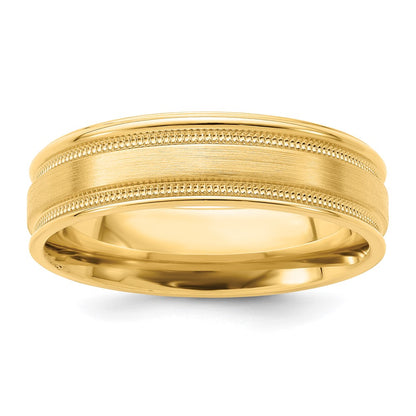 14K Yellow Gold 6mm Standard Weight Comfort Fit Brushed Satin/Polished Milgrain Grooved Edge Wedding Band