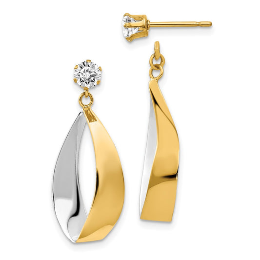 14K Yellow & Rhodium Oval Dangle Jacket And Cz Earrings