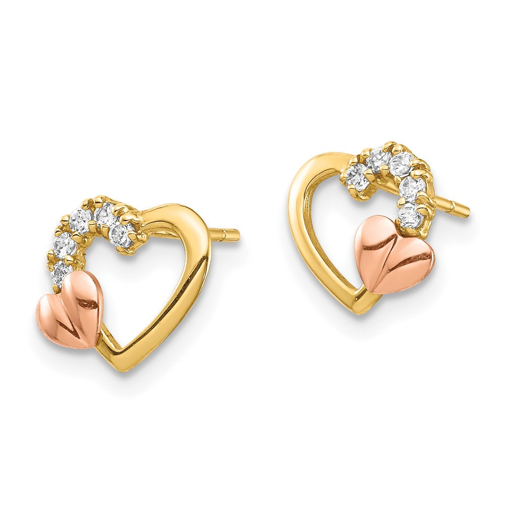 14K Two Tone Cz Heart Post Earrings
