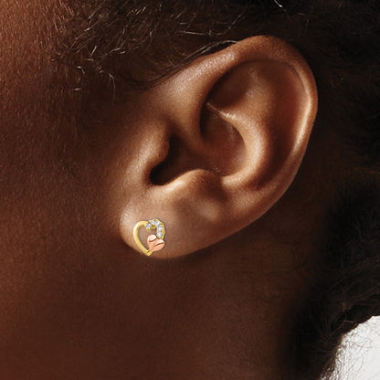 14K Two Tone Cz Heart Post Earrings