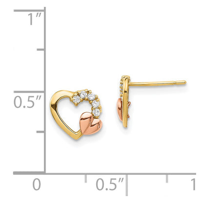 14K Two Tone Cz Heart Post Earrings