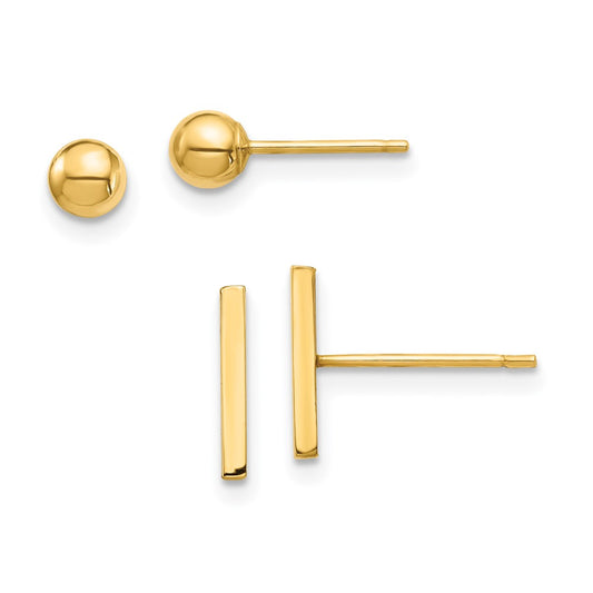 14K Yellow Gold Bar And 3mm Ball Post Earrings Set