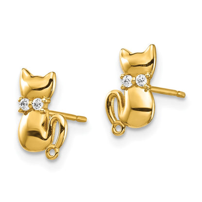 14K Yellow Gold Sitting Cat Cz Bowtie Stud Earrings
