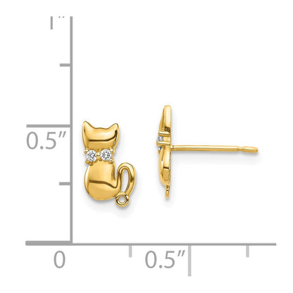 14K Yellow Gold Sitting Cat Cz Bowtie Stud Earrings