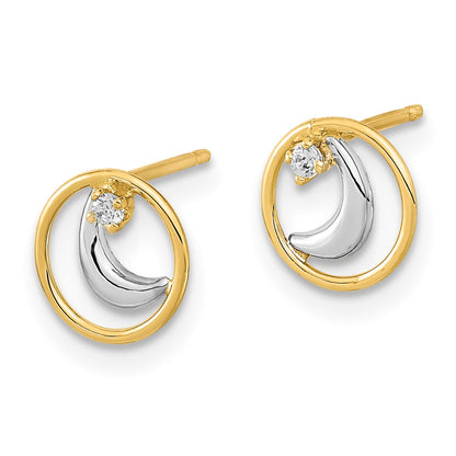 14K Yellow & Rhodium Gold White Open Circle Cz Half Moon Post Earrings