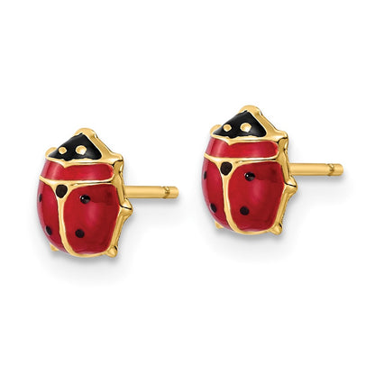 14K Yellow Gold Polished Enameled Medium Ladybug Post Earrings