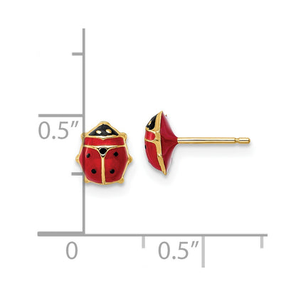 14K Yellow Gold Polished Enameled Medium Ladybug Post Earrings