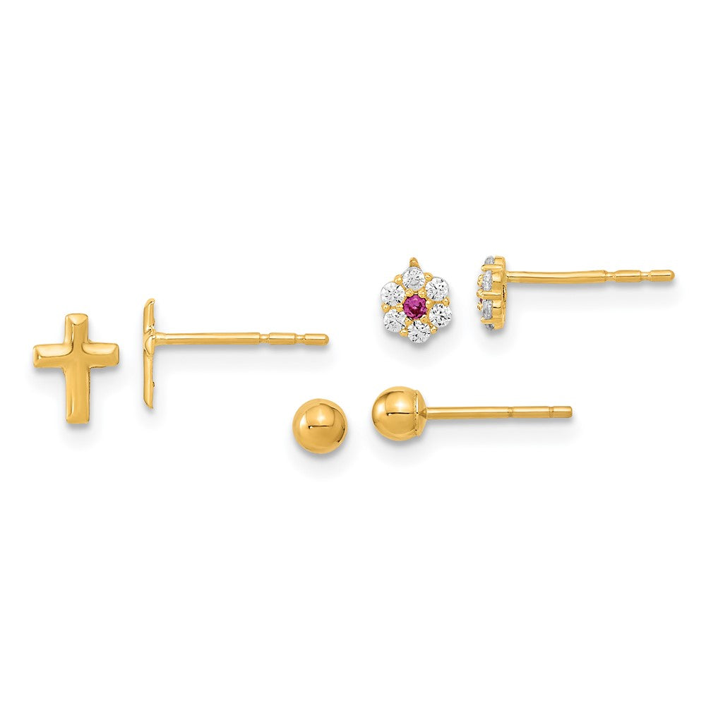 14K Yellow Gold Polished Set Of Ball Post Cz Flowers And Cross 3 Pair Earrings