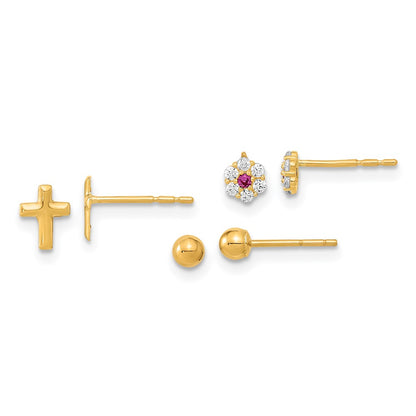 14K Yellow Gold Polished Set Of Ball Post Cz Flowers And Cross 3 Pair Earrings