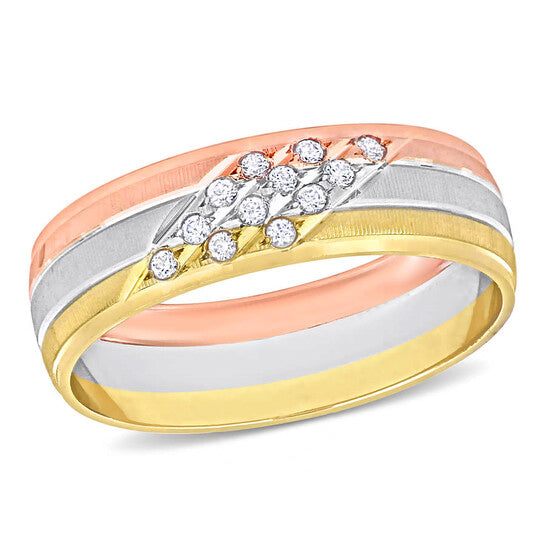 Original Amour Men's 6mm Cubic Zirconia Matte Three Row Wedding Band in 14k 3-Tone Rose, Yellow, and White Gold