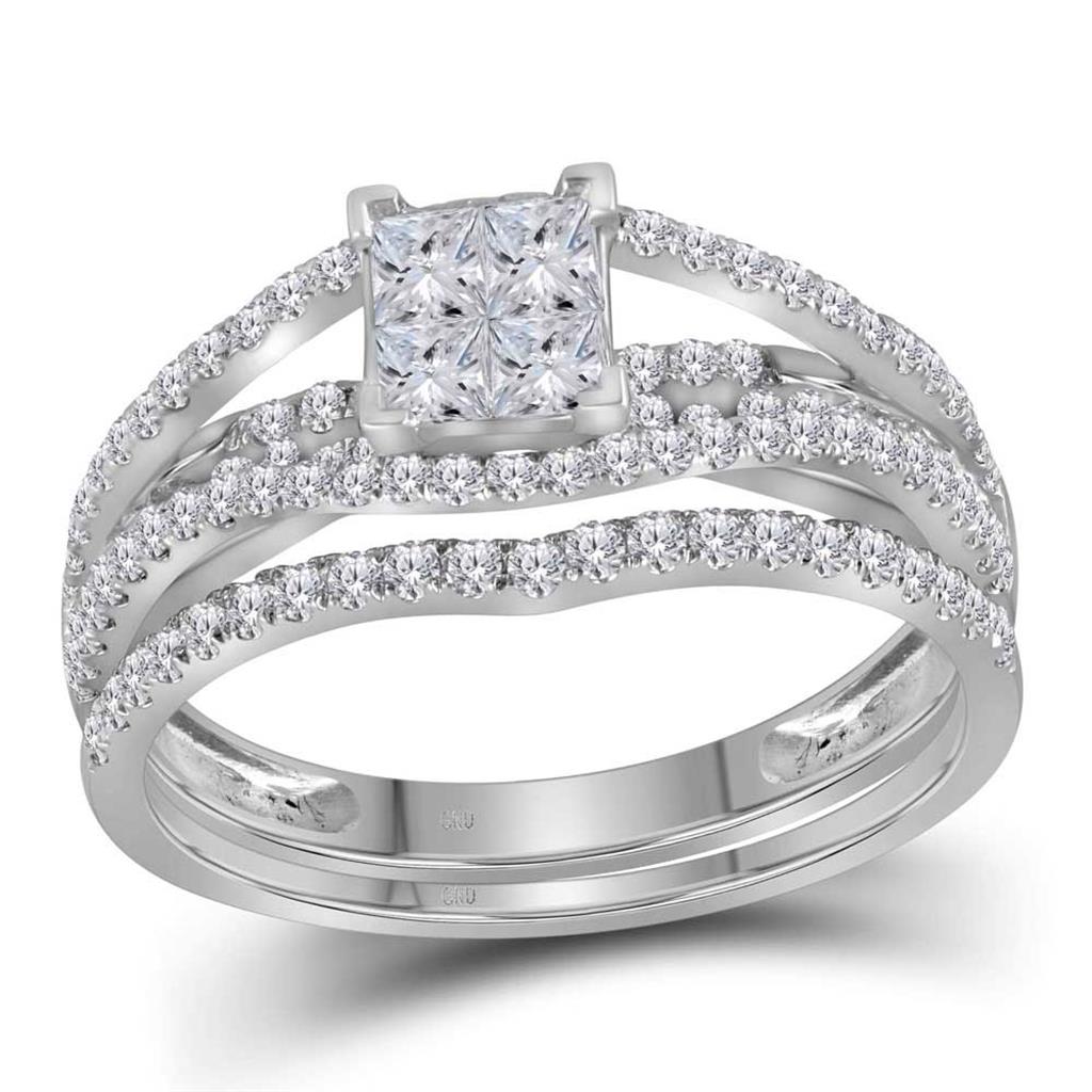 14k White Gold Princess Diamond Elevated Bridal Wedding Ring Set 1 Cttw