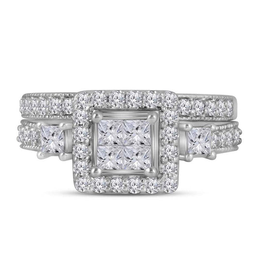 14k White Gold Princess Diamond Bridal Wedding Ring Set 1 Cttw