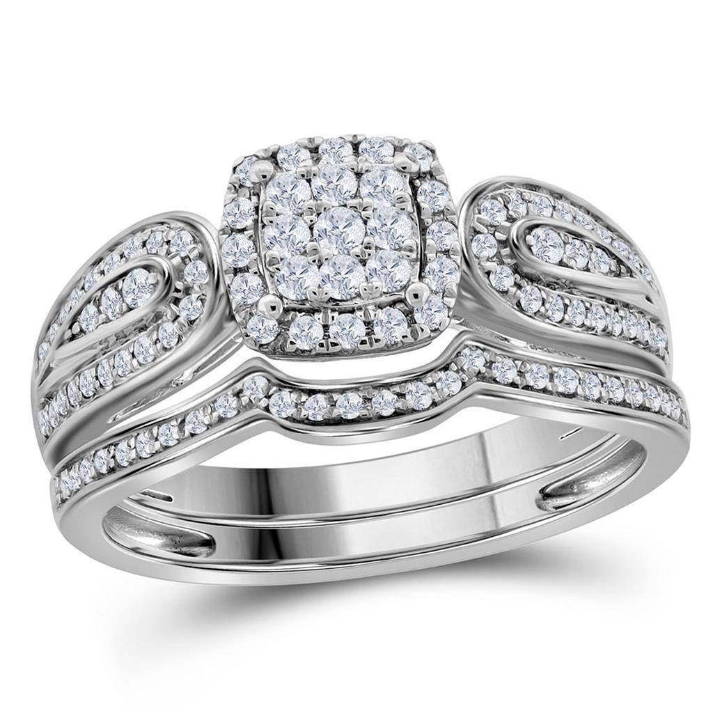 14k White Gold Round Diamond Cluster Bridal Wedding Ring Set 1/2 Cttw