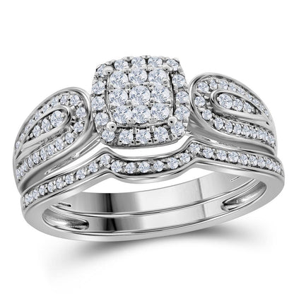 14k White Gold Round Diamond Cluster Bridal Wedding Ring Set 1/2 Cttw