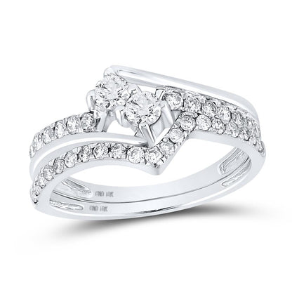 14k White Gold Round Diamond 2-Stone Bridal Wedding Ring Set 3/4 Cttw (Certified)