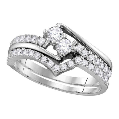 14k White Gold Round Diamond 2-Stone Bridal Wedding Ring Set 3/4 Cttw (Certified)