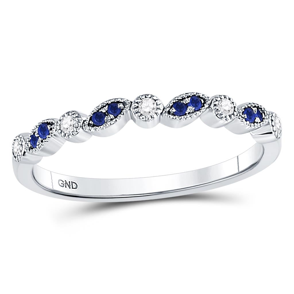 14k White Gold Round Blue Sapphire Diamond Stackable Band Ring 1/10 Cttw