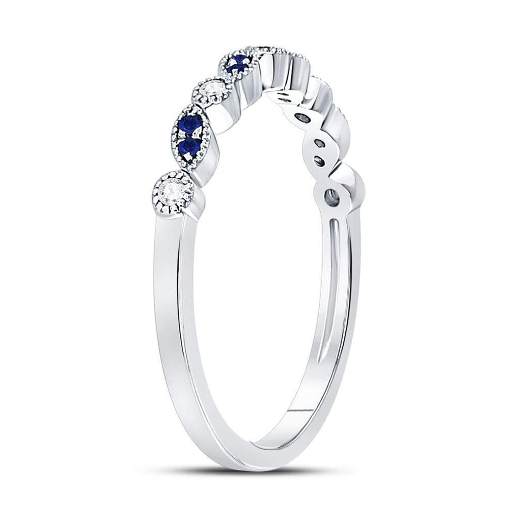 14k White Gold Round Blue Sapphire Diamond Stackable Band Ring 1/10 Cttw