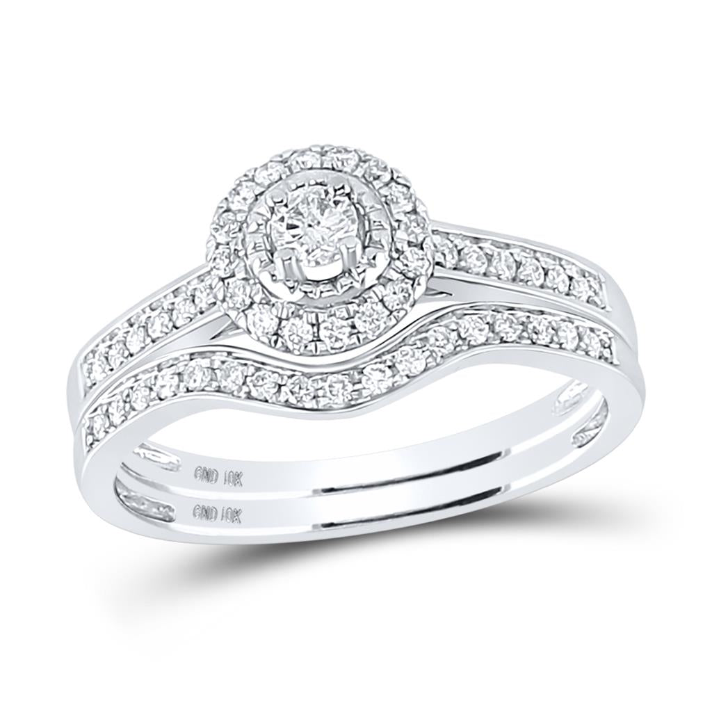 14k White Gold Round Diamond Halo Bridal Wedding Ring Set 1/3 Cttw