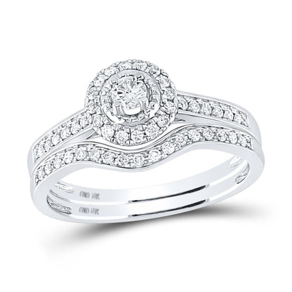 14k White Gold Round Diamond Halo Bridal Wedding Ring Set 1/3 Cttw